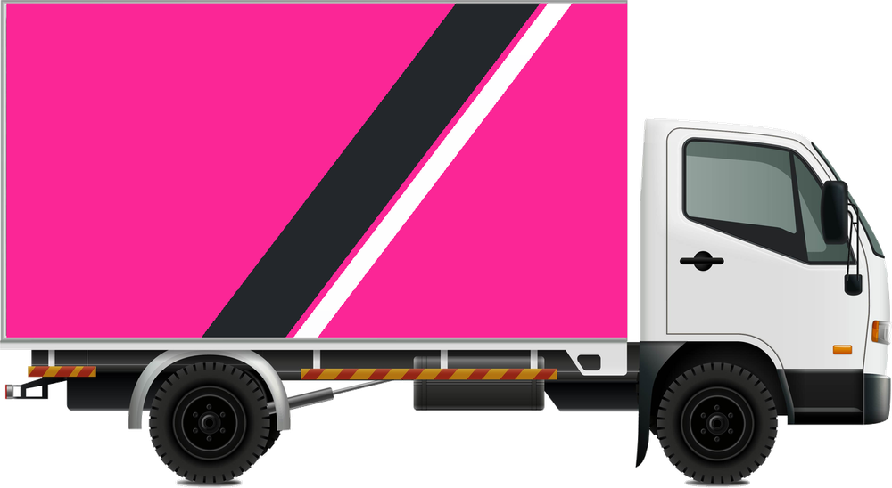 A box lorry wrapped in a magenta and charcoal LoriCantik lorry sticker livery