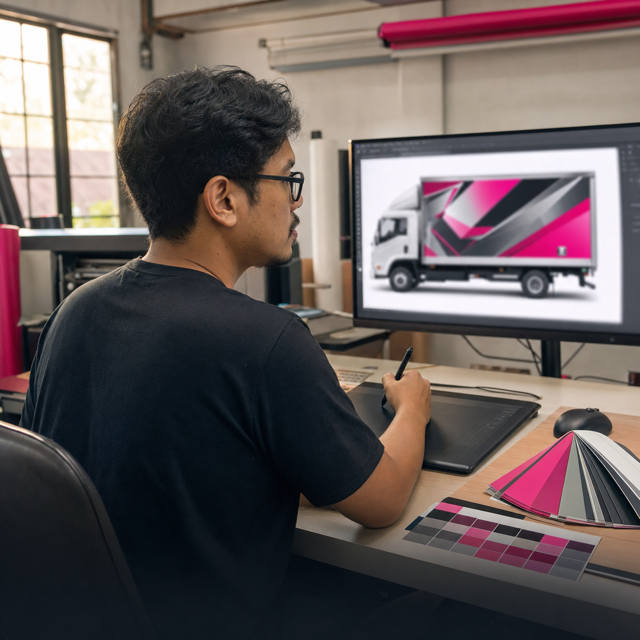 Designer LoriCantik menyiapkan artwork sticker lori pada skrin komputer di studio design