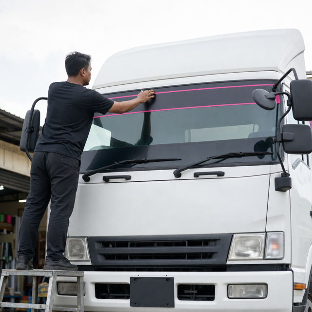 Pemasang melekatkan sticker cermin lori pada bahagian atas cermin hadapan