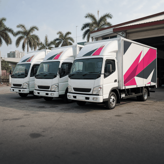 Tiga buah lori fleet yang siap dibalut sticker lori berbaris di luar workshop