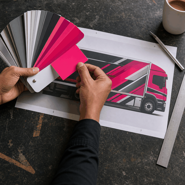 Tangan membuka buku swatch warna vinyl untuk memilih warna sticker lori