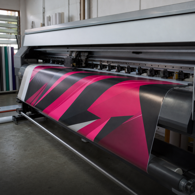 Mesin printer format besar mencetak grafik sticker lori merah jambu di atas vinyl