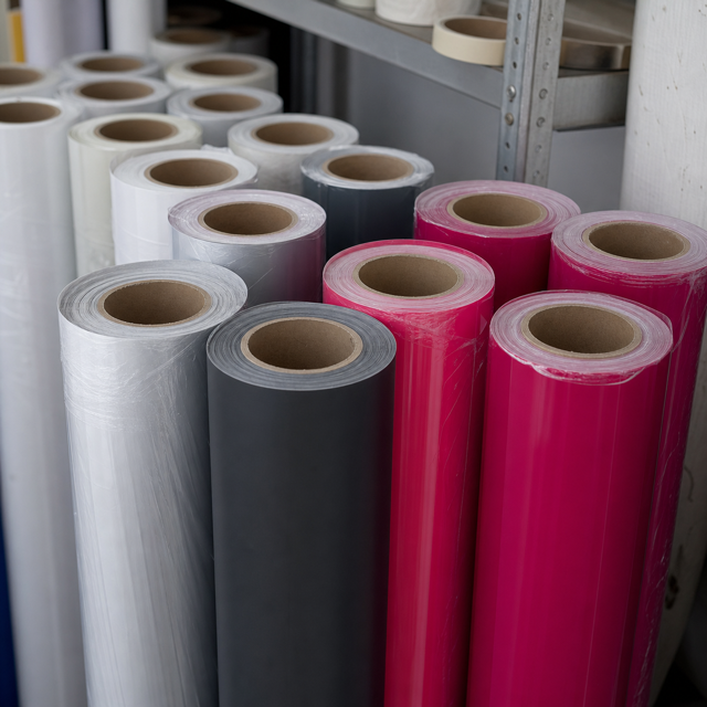 Gulungan cast vinyl 3M dan Avery untuk printing sticker lori disimpan di workshop