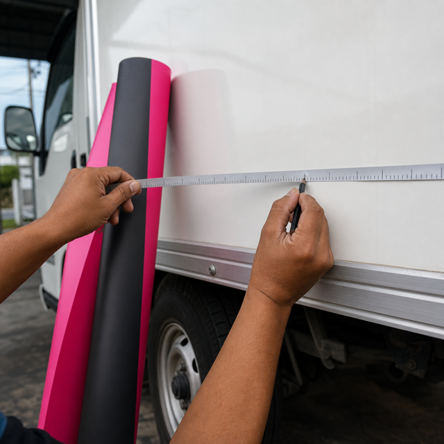 Pemasang mengukur badan lori dengan pita ukur sebelum memasang sticker lori