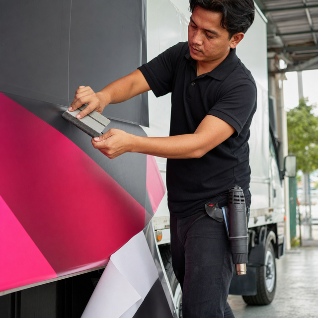 Pemasang menekan vinyl sticker lori merah jambu dan hitam pada badan lori box dengan squeegee